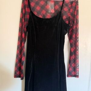 Lily Rose Black Velvet Dress with Red Plaid Sleeves